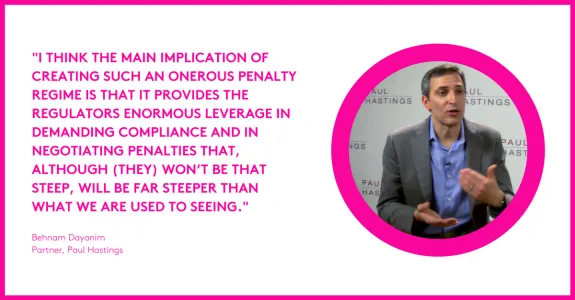 Business professional in suit discussing compliance with quote graphic.