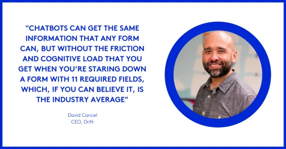 Quote about chatbots with a smiling person in a blue circle frame.