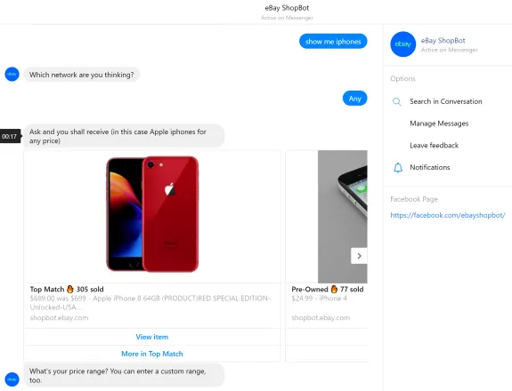 eBay ShopBot chat displaying iPhone search results with product details.