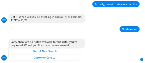 Chat conversation showing unavailable hotel dates for Antarctica stay.
