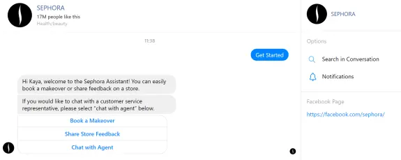 Sephora chatbot interface on Facebook offering makeover bookings and feedback options.