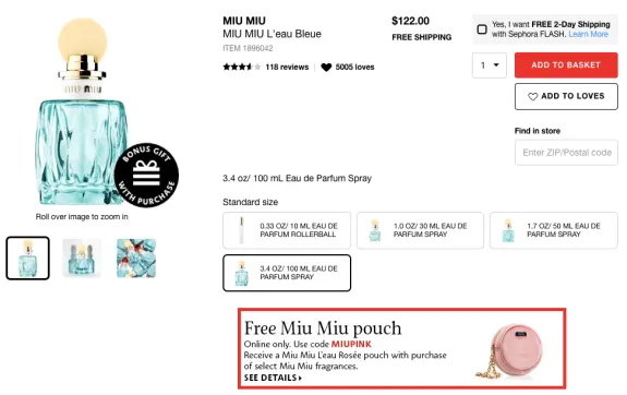 Miu Miu L'eau Bleue perfume product page with free pouch offer.
