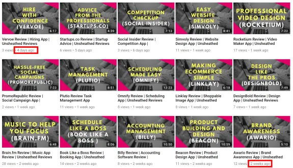 Grid of YouTube video thumbnails showing app reviews and titles with pink and gray backgrounds.
