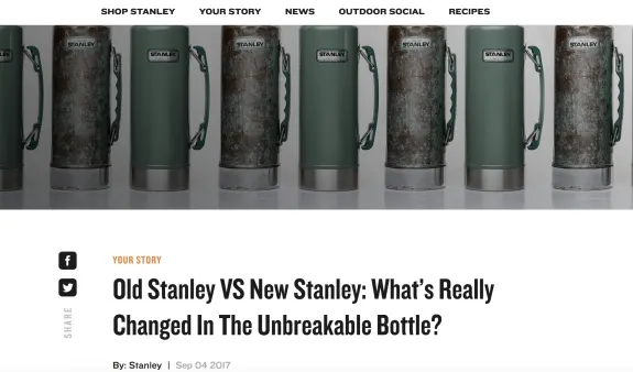 Comparison of old and new Stanley bottles lined up in a row.