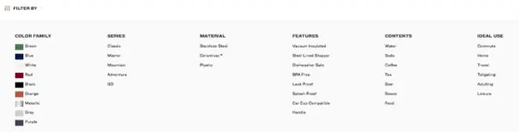 Product filter options including color, series, material, features, contents, and ideal use.