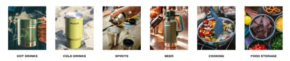 Six images of Stanley products for hot drinks, cold drinks, spirits, beer, cooking, and food storage.