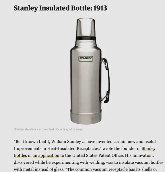 Stanley insulated bottle from 1913 with stainless steel design.