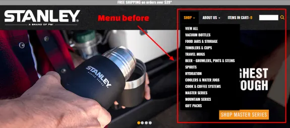 Stanley menu navigation with person pouring from vacuum bottle
