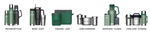 Stanley outdoor gear collection including bottles, mugs, coolers, cookware, and flasks.