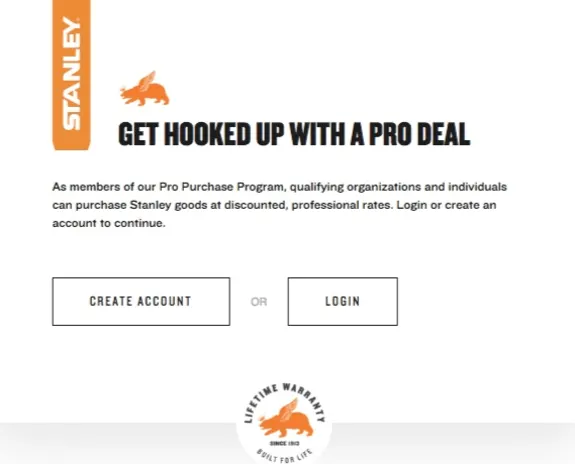 Stanley pro purchase program offer with create account and login options.