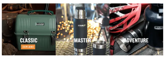 Stanley classic lunch box, master thermos, and adventure gear with helmet.