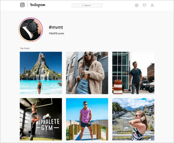 Instagram page for #mvmt hashtag showing top posts and a watch profile image.