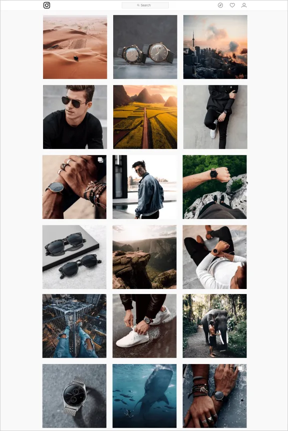 Instagram profile grid showing travel, fashion, watches, and nature photos.