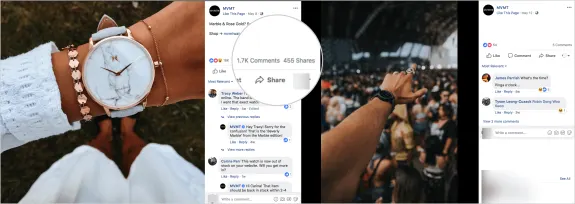 Collage of a marble rose gold watch and Facebook comments about the watch.