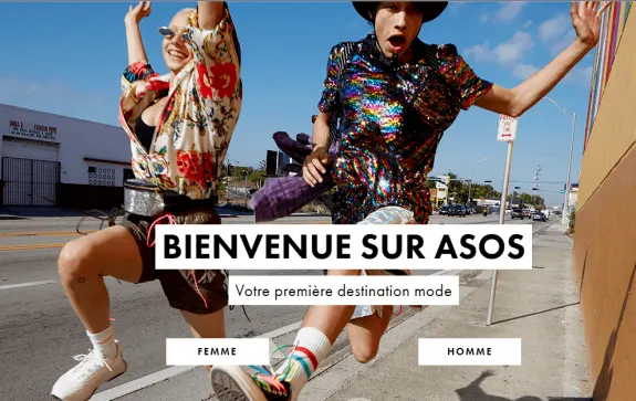 Two people in colorful outfits jumping on a street with 'Bienvenue sur ASOS' text overlay.