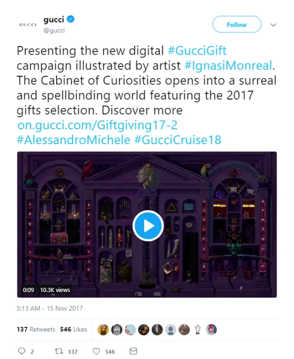 Gucci Gift campaign tweet featuring a surreal cabinet illustration by Ignasi Monreal.
