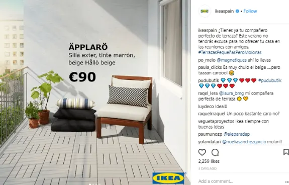 IKEA beige patio chair with cushions on a balcony, priced at €90.