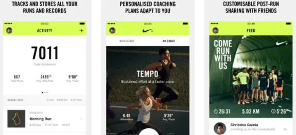 Nike running app feature overview showing tracking, coaching, and sharing options.