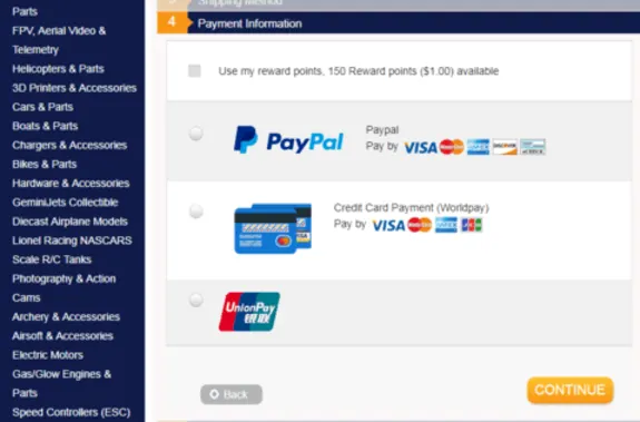 Online checkout page with PayPal and credit card payment options displayed.