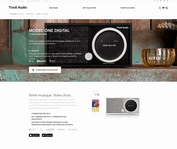 Tivoli Audio Model One Digital radio displayed on a rustic shelf with promotional text.