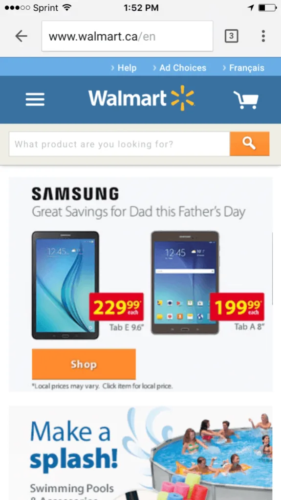 Walmart online ad featuring Samsung tablet deals for Father's Day and a swimming pool promotion.