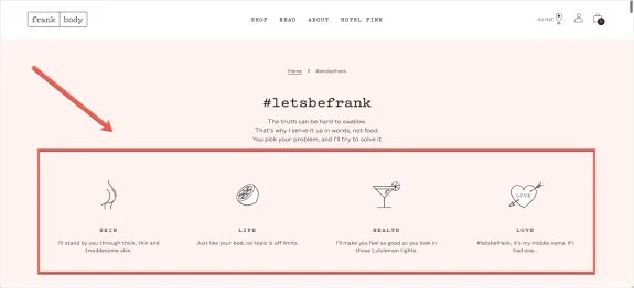 Frank Body website section featuring #letsbefrank with skin, life, health, and love topics.