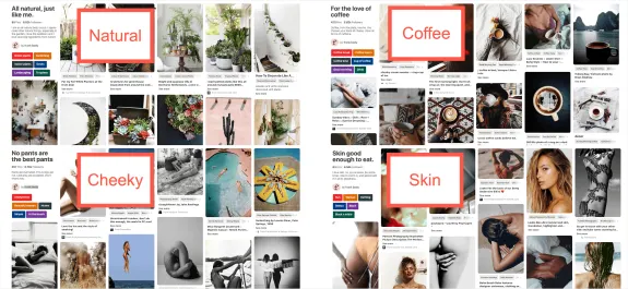 Pinterest mood board with sections labeled Natural, Coffee, Cheeky, and Skin, showcasing various lifestyle images.