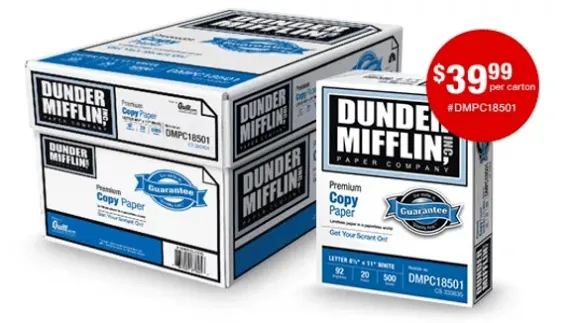 Dunder Mifflin copy paper boxes with $39.99 price tag in red circle