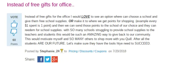 Discussion post about choosing school supplies over free office gifts with a voting option.
