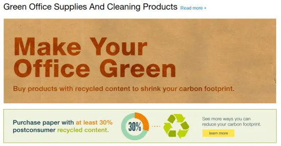 Promotional banner for green office supplies with recycled content focus.