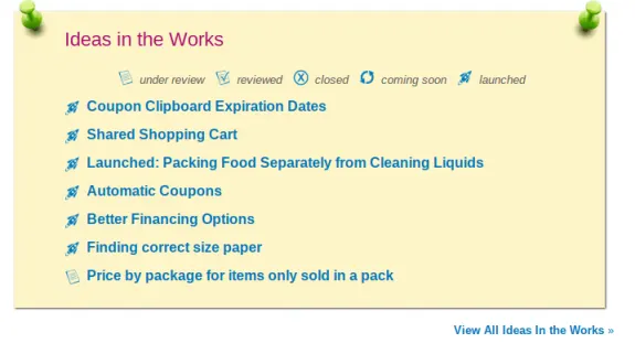 Ideas in the Works list with bullet points and status icons.