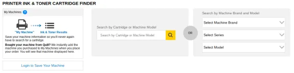 Interface for finding printer ink and toner cartridges by model or brand.