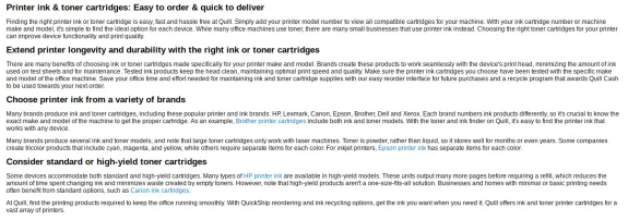 Information guide on printer ink and toner cartridges, including brands and options.
