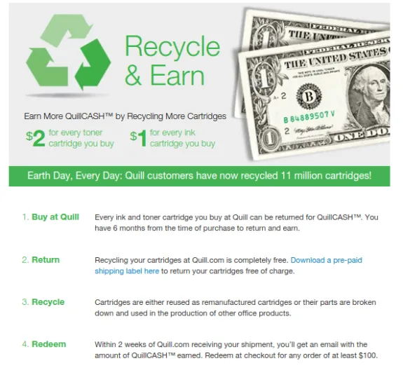 Quill recycle earn program offering cash for cartridge recycling with steps to participate