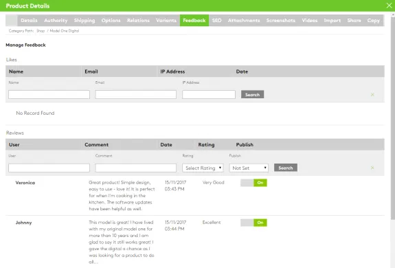 Product feedback management dashboard showing reviews and ratings.