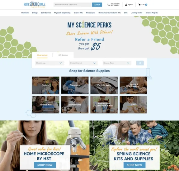 Homepage of science supplies website with offers on kits and microscopes.