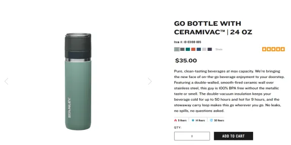 Stanley Ceramivac 24 oz travel bottle in green with black lid