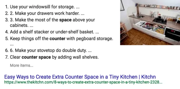 List of tips for creating extra counter space in a tiny kitchen with kitchen image.