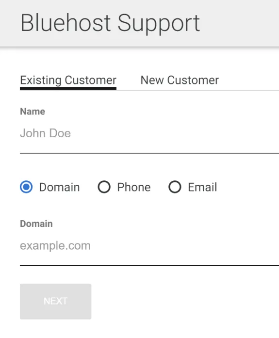 Bluehost support form for existing customers with contact options.