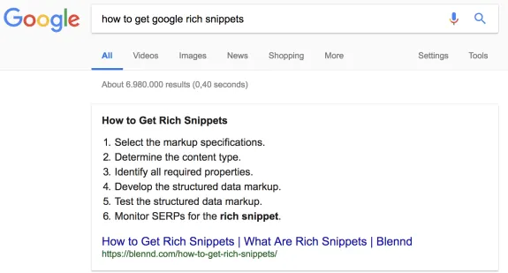 Google search results showing steps to get rich snippets guide
