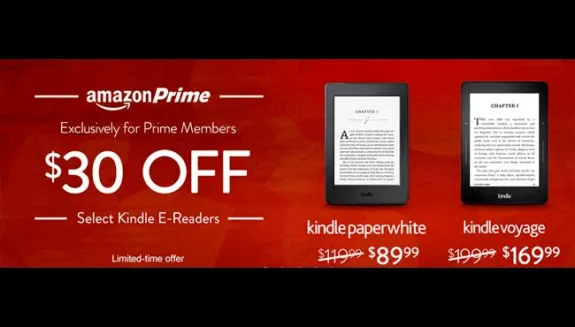 Amazon Prime offers $30 off Kindle e-readers, showing Kindle Paperwhite and Kindle Voyage.