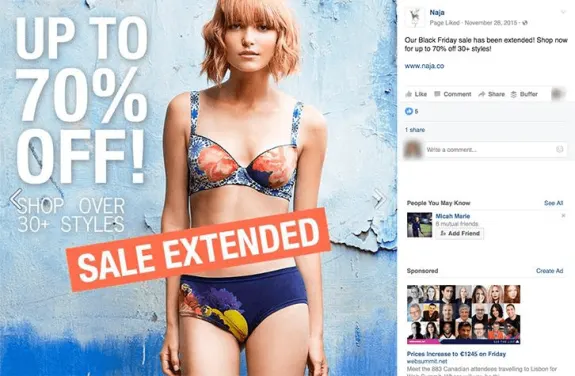Model in floral lingerie with 'up to 70% off' and 'sale extended' text.