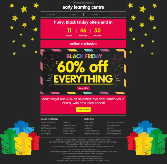 Early Learning Centre Black Friday sale with 60% off toys and countdown timer.