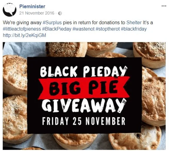 Black Pieday big pie giveaway promotional poster surrounded by pies.