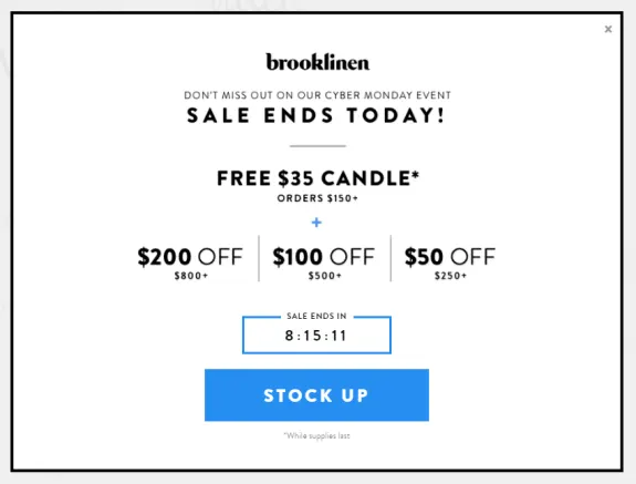 Brooklinen Cyber Monday sale promotion with discounts and free candle offer.