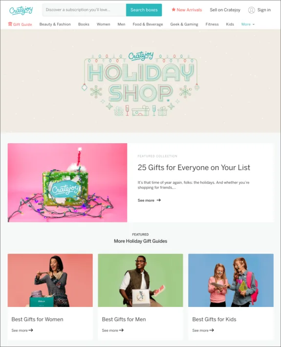 Cratejoy holiday shop page with gift guides for women, men, and kids.