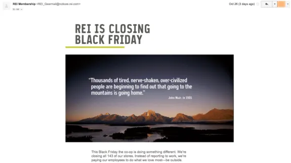 REI closing Black Friday announcement with mountain quote and scenic view.