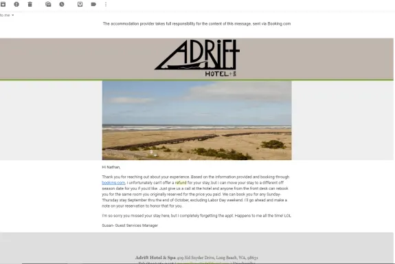 Email from Adrift Hotel showing beach view and customer service letter