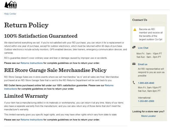 Screenshot of REI's return policy page detailing satisfaction guarantee and contact info.