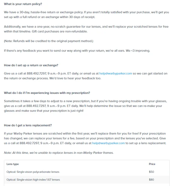 Warby Parker return policy, exchange instructions, and lens replacement details with pricing.